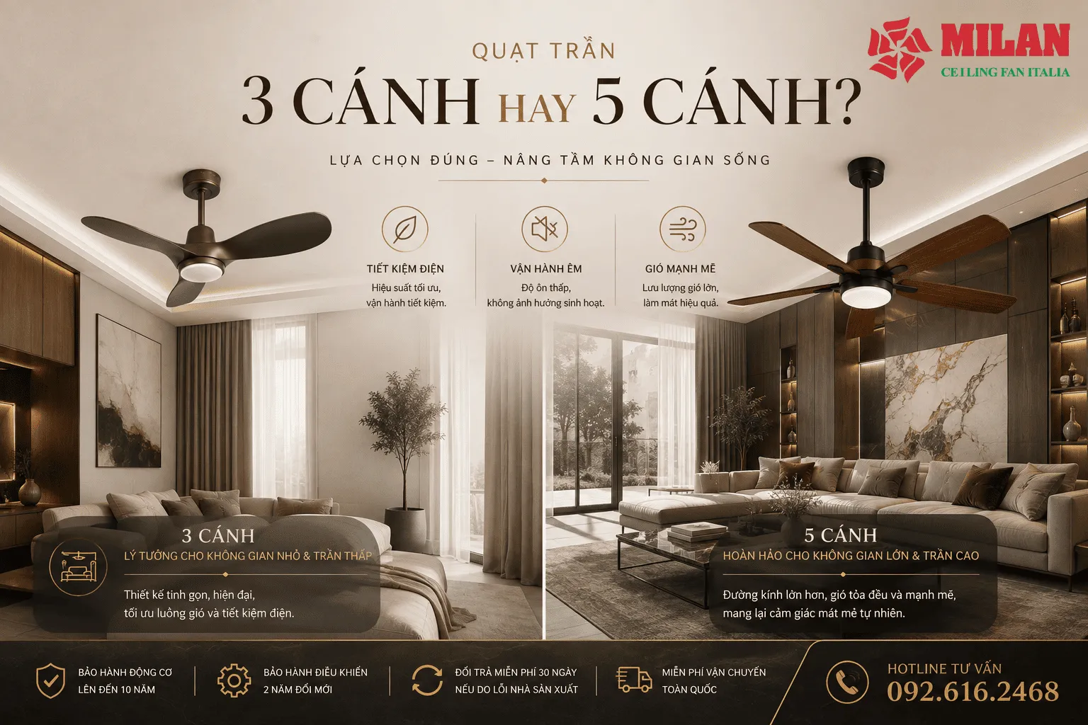 quạt trần 3 cánh hay 5 cánh tiết kiệm điện